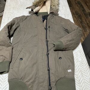 American Eagle Outfitters Tan Jacket with Green Accents Small